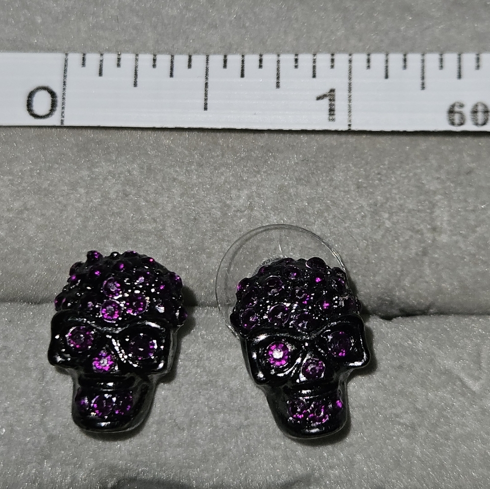 Black Skull Stud Earrings with Purple Crystal Accents - Picture 2 of 2